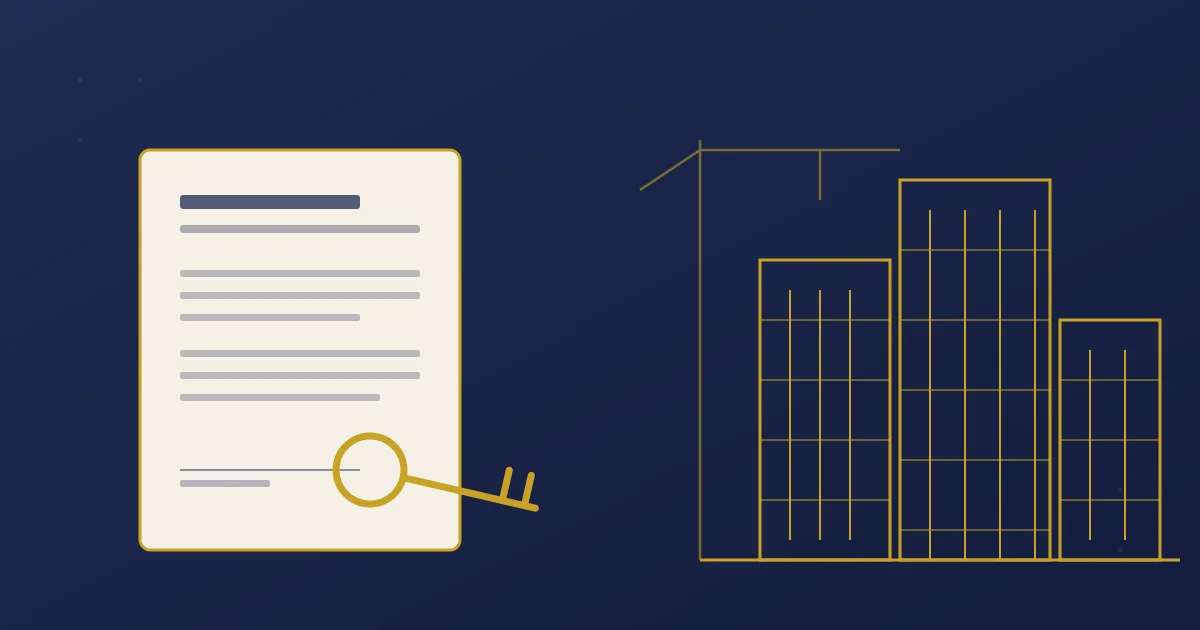 Ilustração de contrato imobiliário com chave e prédio em construção, representando taxa de evolução de obra e IPTU antes da entrega das chaves